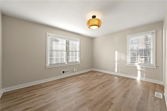 spare room with a wealth of natural light and light hardwood / wood-style floors