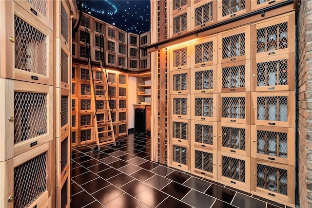 wine room with a towering ceiling