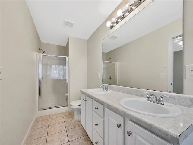 bathroom with tile patterned flooring, a stall shower, visible vents, and a sink