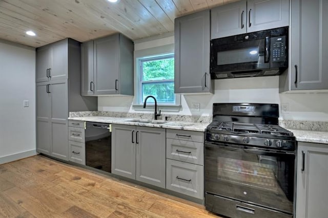 kitchen featuring gray cabinets, sink, wood ceiling, and black appliances