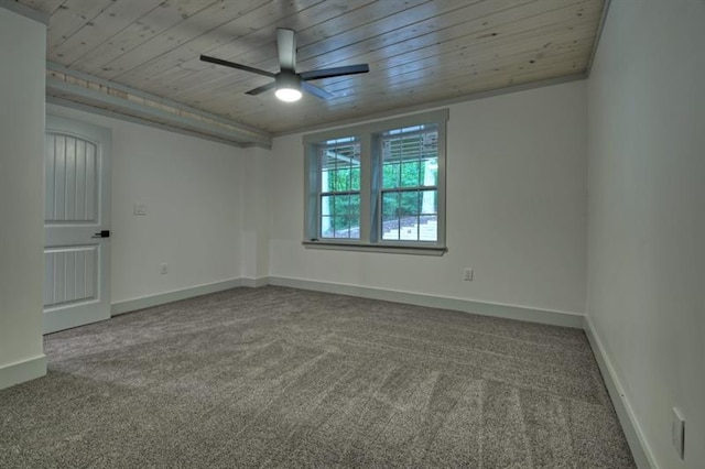 spare room with wood ceiling, carpet floors, and ceiling fan