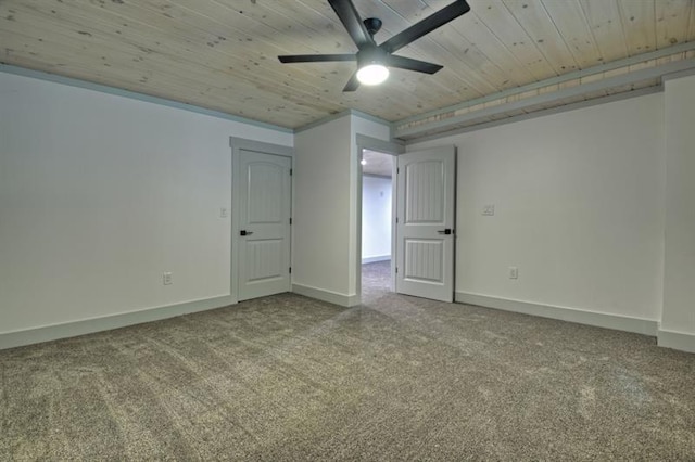 empty room featuring wood ceiling, ceiling fan, and carpet flooring