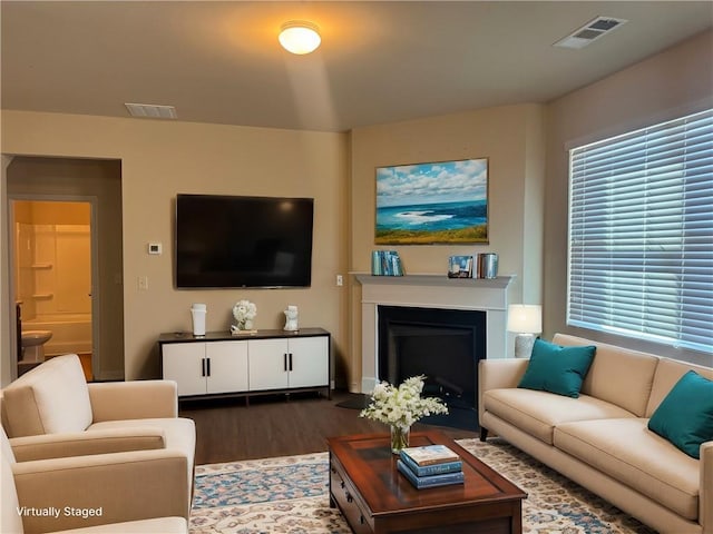 living room with dark hardwood / wood-style flooring