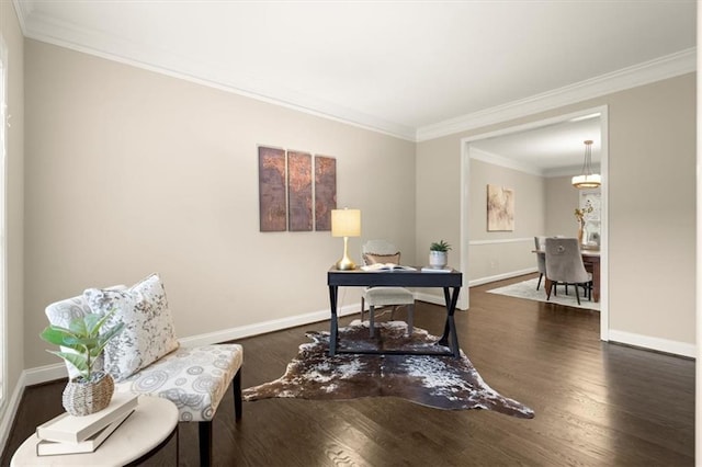 office space featuring crown molding, baseboards, and dark wood-style flooring