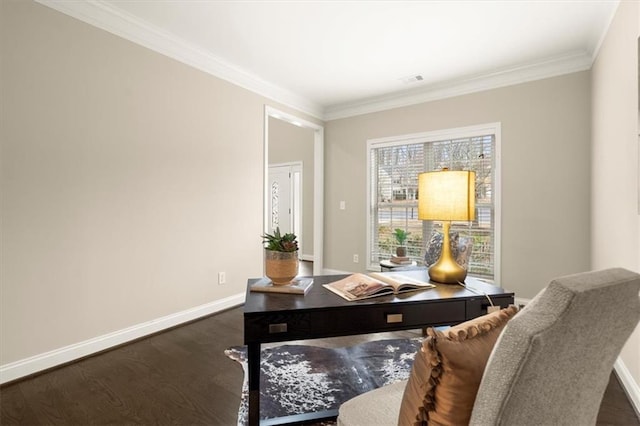 office space featuring ornamental molding, dark wood finished floors, and baseboards