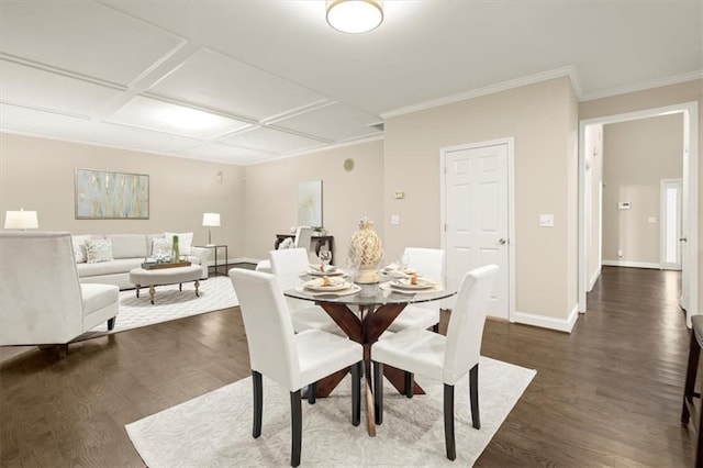 dining space featuring crown molding, baseboards, and dark wood-type flooring