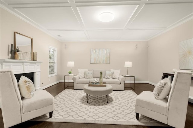 living area featuring dark wood-style floors, coffered ceiling, and baseboards