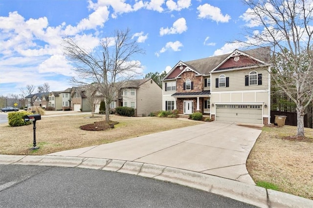 view of front of property featuring brick siding, an attached garage, a residential view, driveway, and a front lawn