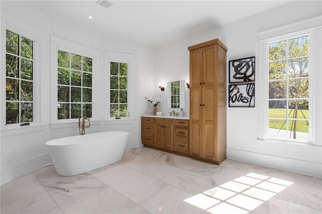 bathroom featuring vanity and a bath