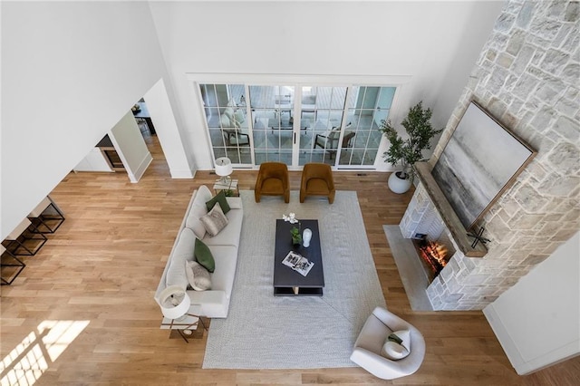 living room featuring a fireplace and wood-type flooring