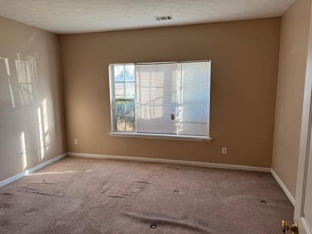 unfurnished room with a textured ceiling and light colored carpet