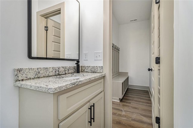 bathroom featuring hardwood / wood-style flooring and vanity