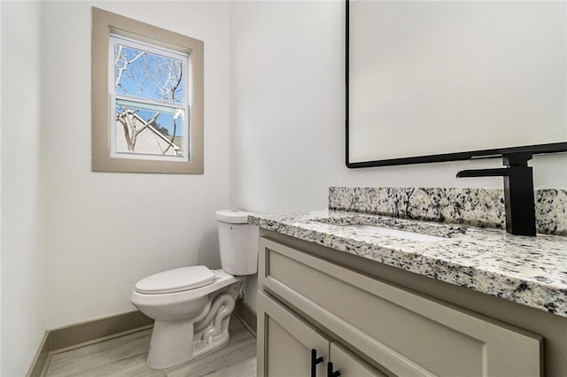 bathroom featuring vanity, wood-type flooring, and toilet