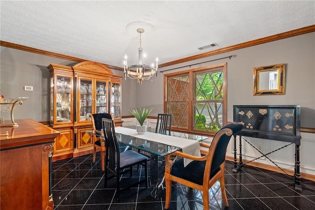 4820 Coppedge Trl, Peachtree Corners, GA 30096 - dining room with granite floors, a chandelier, crown molding, and a textured ceiling