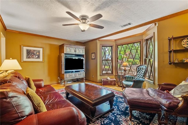 4820 Coppedge Trl, Peachtree Corners, GA 30096 - living area featuring ceiling fan, wood finished floors, a textured ceiling, ornamental molding, and baseboards