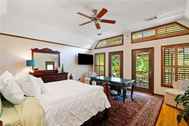 4820 Coppedge Trl, Peachtree Corners, GA 30096 - bedroom featuring vaulted ceiling, access to outside, wood finished floors, and ceiling fan