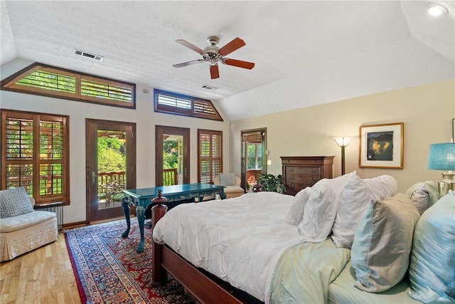 4820 Coppedge Trl, Peachtree Corners, GA 30096 - bedroom with lofted ceiling, access to outside, light wood-style floors, ceiling fan, and baseboards