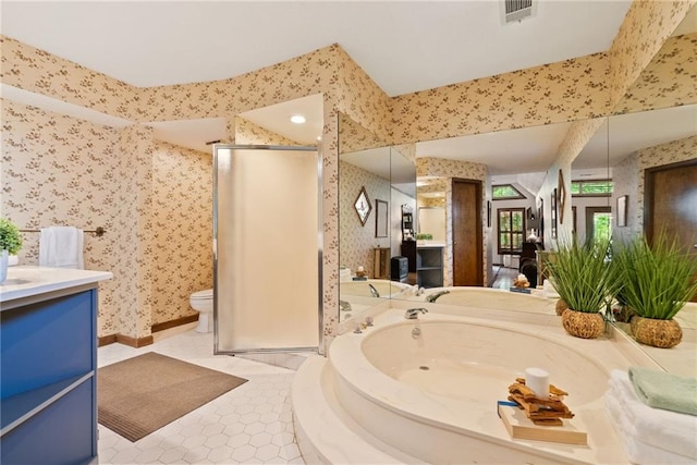 4820 Coppedge Trl, Peachtree Corners, GA 30096 - bathroom featuring wallpapered walls, vanity, a stall shower, a garden tub, and toilet