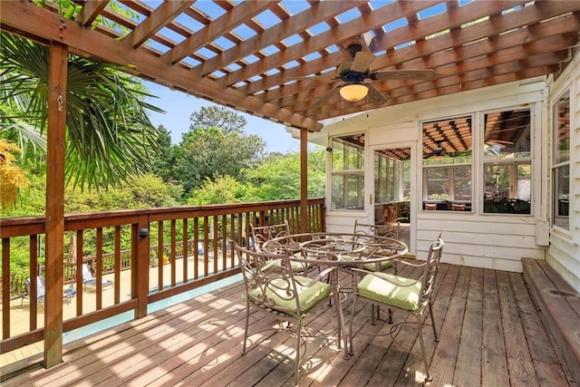 4820 Coppedge Trl, Peachtree Corners, GA 30096 - wooden deck featuring a pergola, ceiling fan, and outdoor dining area