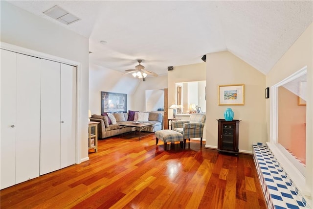 4820 Coppedge Trl, Peachtree Corners, GA 30096 - living area with wood finished floors, ceiling fan, wine cooler, and vaulted ceiling