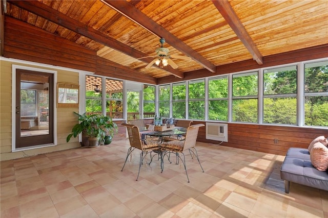 4820 Coppedge Trl, Peachtree Corners, GA 30096 - sunroom featuring wood ceiling, ceiling fan, wood walls, and outdoor dining space