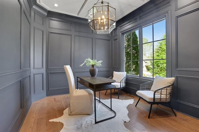 821 Camden Park Ct, Atlanta, GA 30342 - office space featuring a decorative wall, a chandelier, ornamental molding, wood finished floors, and recessed lighting