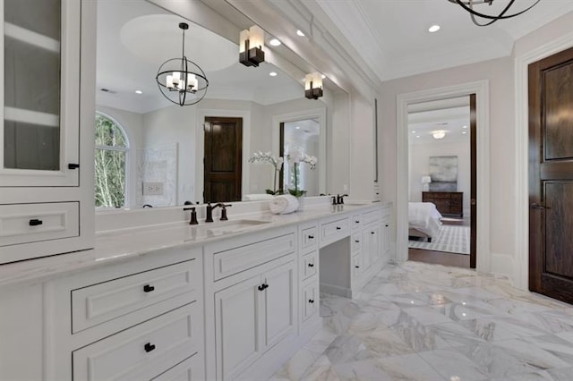 821 Camden Park Ct, Atlanta, GA 30342 - bathroom with a chandelier, double vanity, crown molding, recessed lighting, and marble finish floors