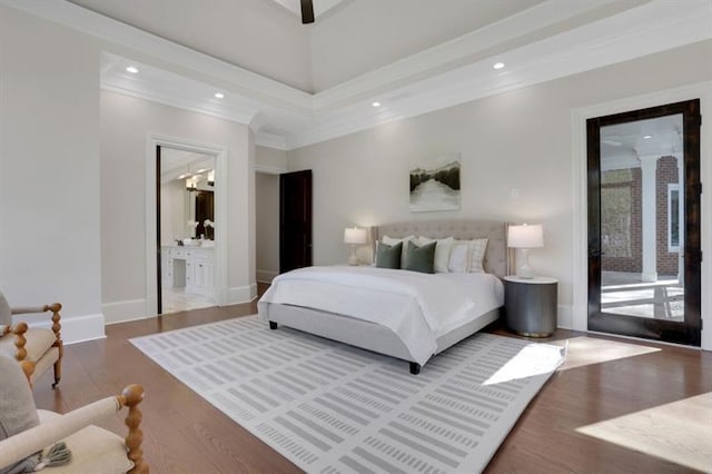 821 Camden Park Ct, Atlanta, GA 30342 - bedroom with ornamental molding, wood finished floors, access to outside, connected bathroom, and recessed lighting
