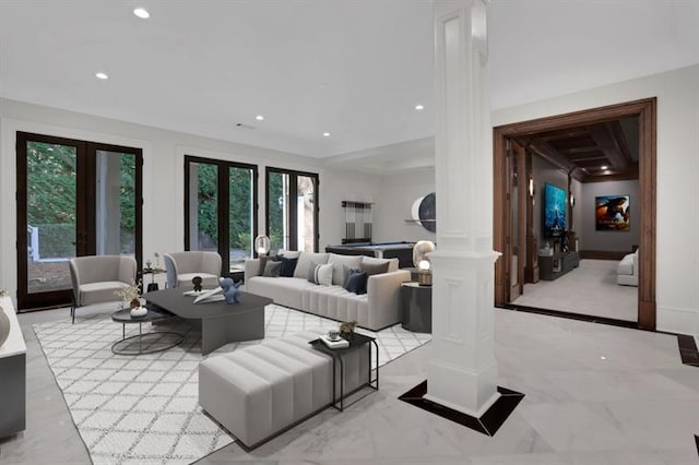 821 Camden Park Ct, Atlanta, GA 30342 - living area featuring ornate columns, recessed lighting, and light marble finish flooring