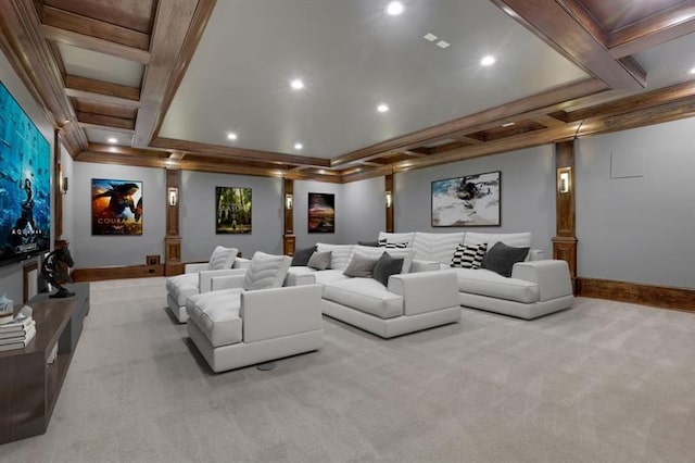 821 Camden Park Ct, Atlanta, GA 30342 - carpeted home theater with coffered ceiling, recessed lighting, and ornamental molding