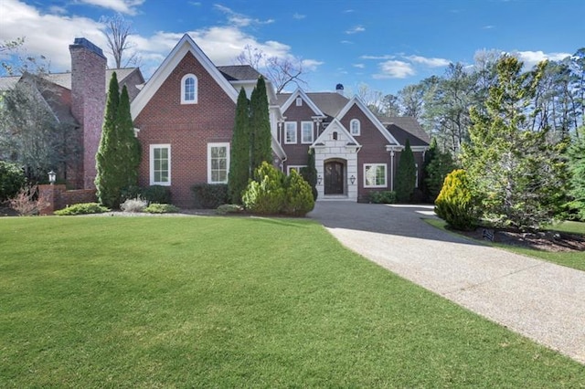 821 Camden Park Ct, Atlanta, GA 30342 - view of front facade with a chimney, a front lawn, and brick siding