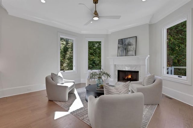 821 Camden Park Ct, Atlanta, GA 30342 - living room with a fireplace, ceiling fan, wood finished floors, recessed lighting, and crown molding