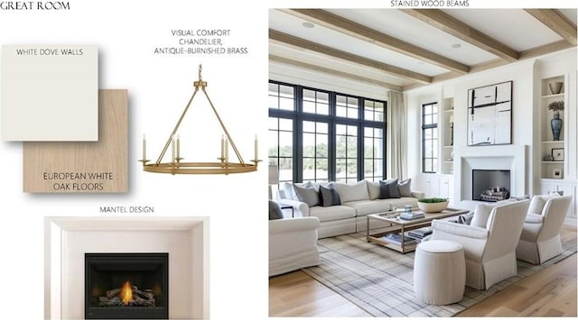 living room featuring light wood-type flooring and beamed ceiling