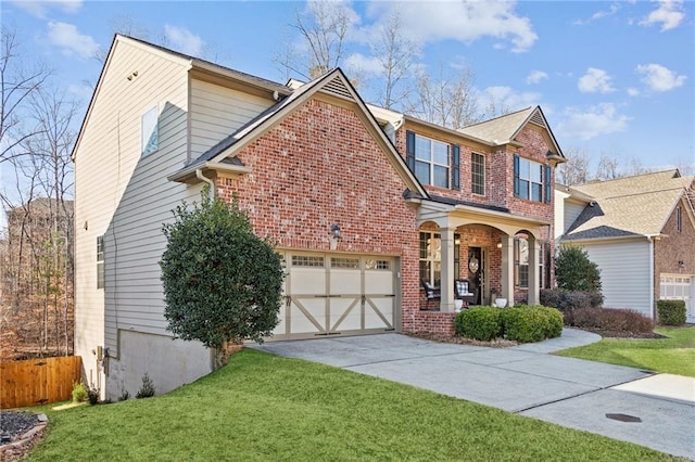 view of front of property featuring a garage, a porch, and a front lawn