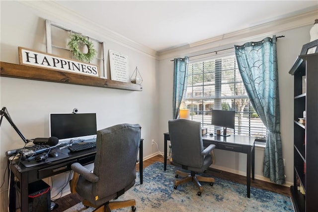 office area featuring hardwood / wood-style flooring and crown molding