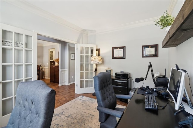 office area featuring french doors, crown molding, and dark wood-type flooring