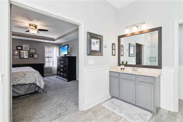 bathroom featuring vanity, ceiling fan, and a tray ceiling