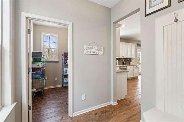 corridor featuring a healthy amount of sunlight and dark hardwood / wood-style floors