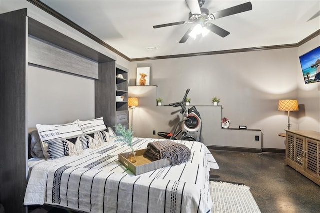 bedroom with ornamental molding and ceiling fan