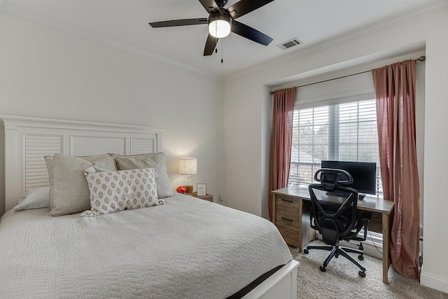 bedroom with light carpet, baseboards, visible vents, a ceiling fan, and ornamental molding