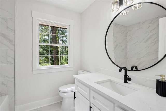 4745 Elam Forest Dr, Stone Mountain, GA 30083 - full bath featuring marble look tiles, vanity, toilet, baseboards, and a chandelier