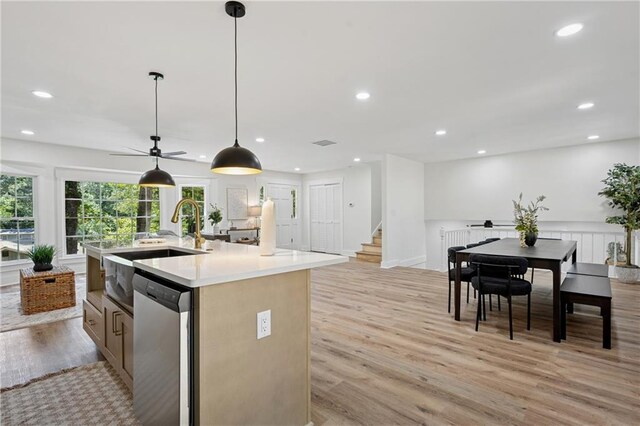 4745 Elam Forest Dr, Stone Mountain, GA 30083 - kitchen featuring dishwasher, recessed lighting, light wood-style flooring, light countertops, and ceiling fan