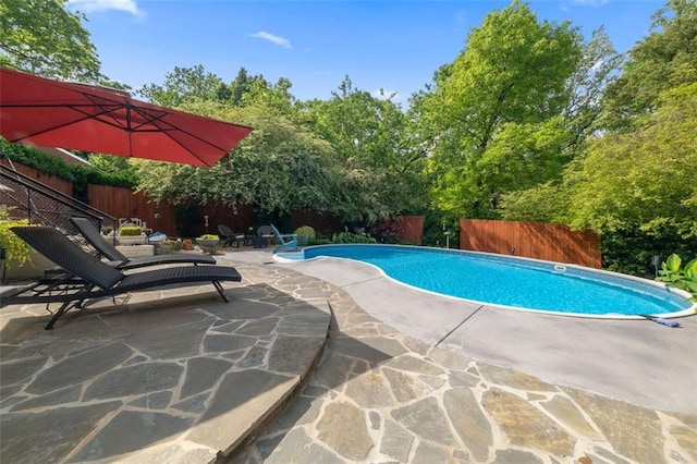 view of pool with a patio, a fenced in pool, and fence