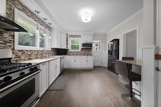 kitchen featuring dark wood-style floors, a sink, decorative backsplash, white cabinetry, and appliances with stainless steel finishes