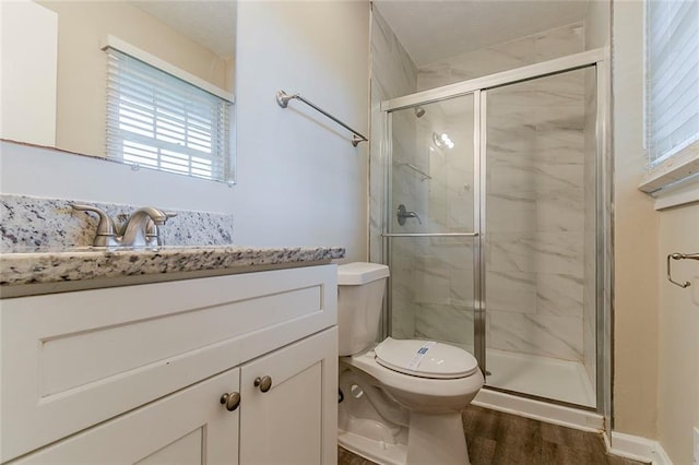 545 Fayetteville Rd, Fairburn, GA 30213 - bathroom with toilet, a marble finish shower, wood finished floors, and vanity