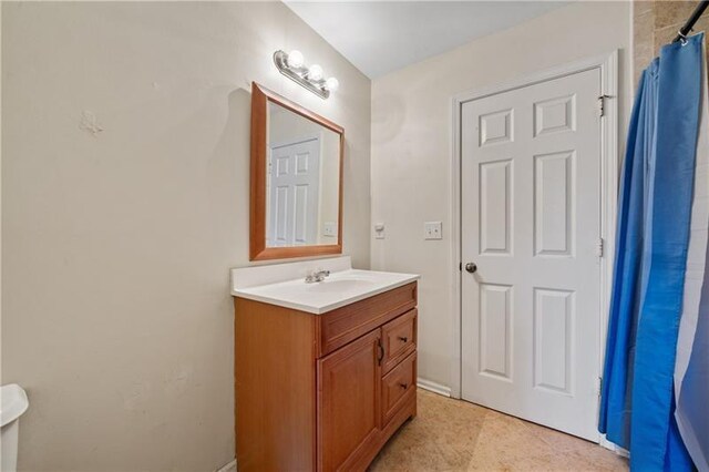 bathroom featuring vanity and curtained shower