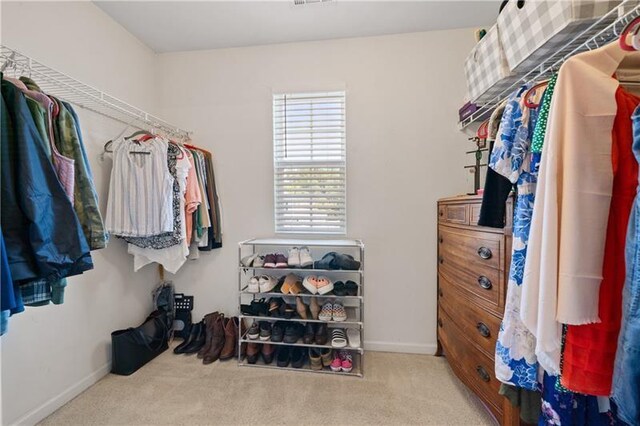 spacious closet featuring light colored carpet