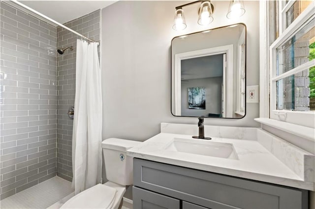 bathroom featuring vanity, toilet, and walk in shower