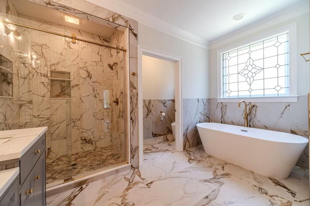 980 Windsor Place Cir, Grayson, GA 30017 - full bath with vanity, a marble finish shower, a soaking tub, marble tiled floors, and toilet