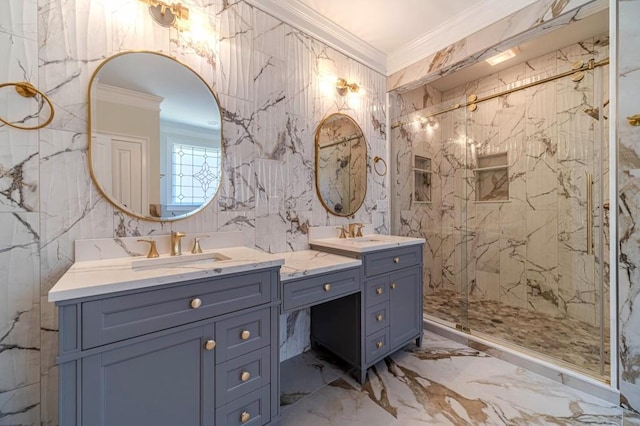 980 Windsor Place Cir, Grayson, GA 30017 - bathroom featuring crown molding, double vanity, a marble finish shower, marble tiled flooring, and tile walls